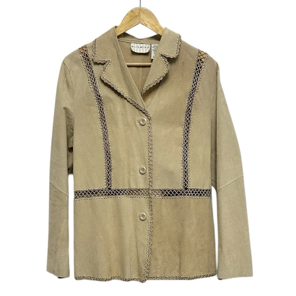 Tan Suede Button Down Jacket Crochet Accents Rodeo Boho Festival Size Large